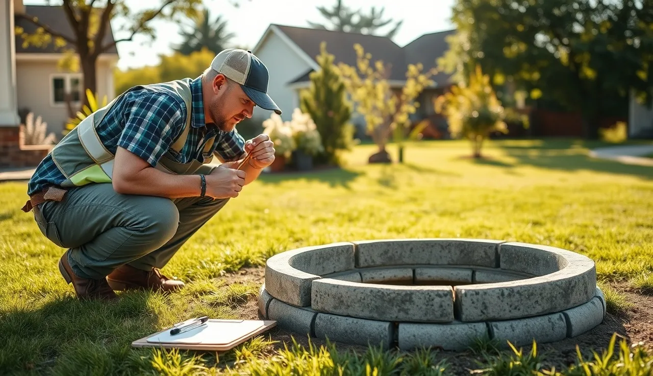 Septic inspector measuring inside an open septic tank lid in a backyard