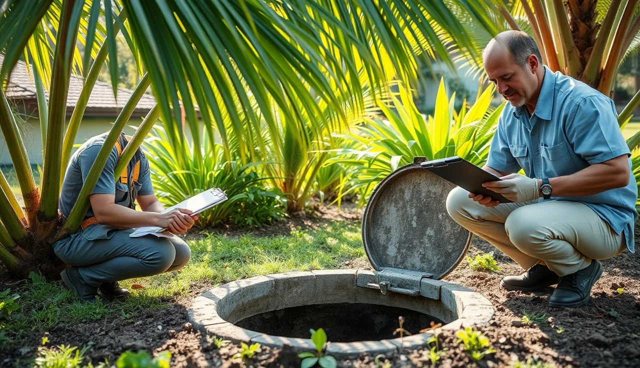 Septic inspector examining open tank access lid in tropical Kauai yard