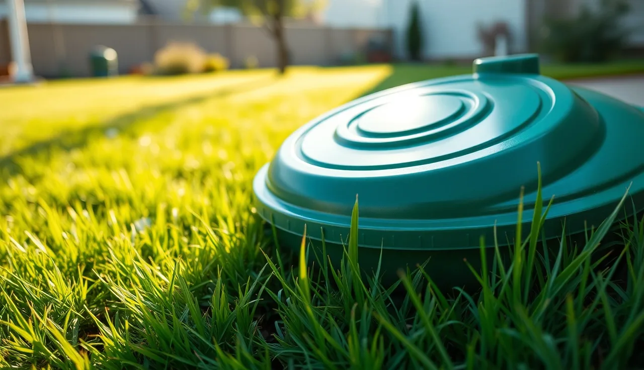 Green HDPE septic tank inspection pipe riser lid flush with lawn