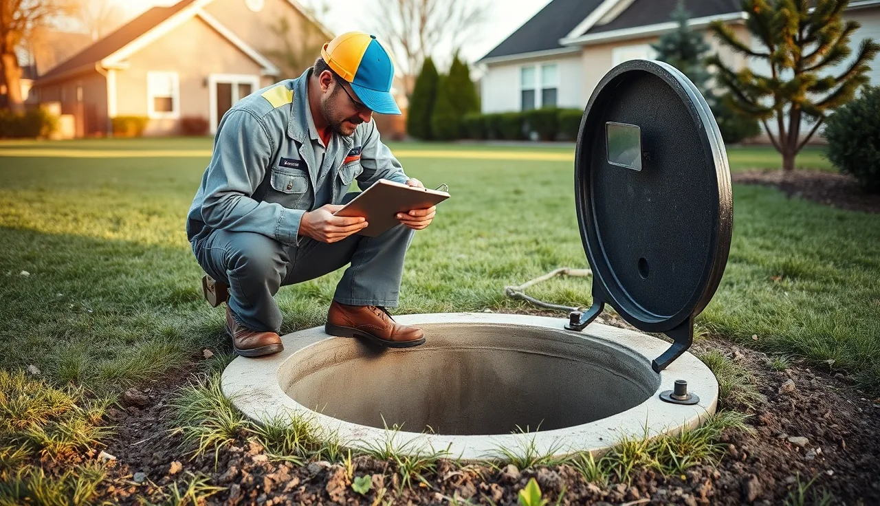 Septic technician inspecting open tank lid in residential backyard during daytime