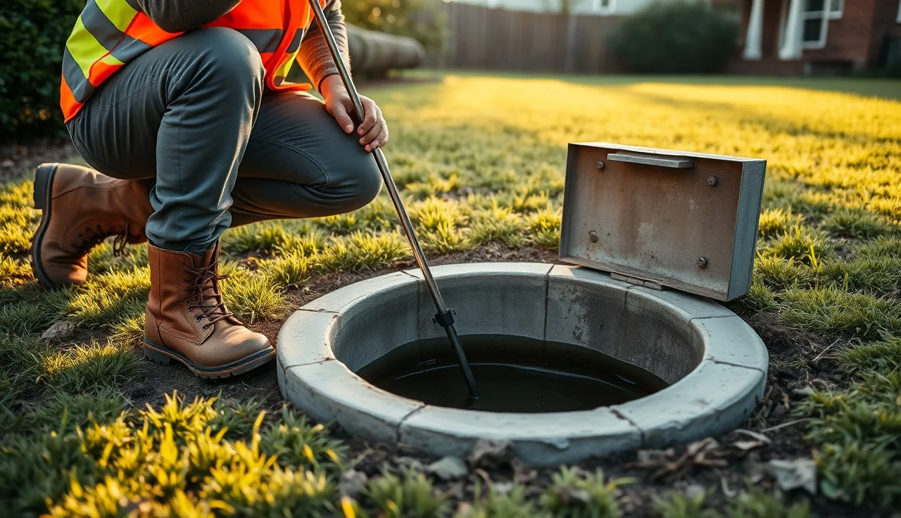 Septic tank inspector measuring sludge depth at an open access port in a backyard