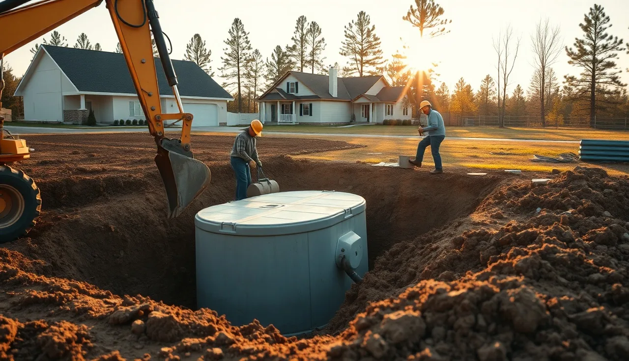 Workers lowering a concrete septic tank into an excavated pit during installation