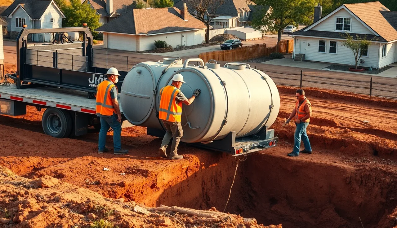Workers lowering a concrete septic tank into an excavated pit during installation