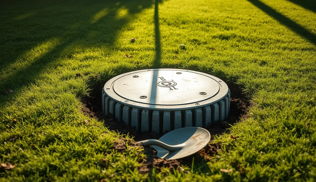 Concrete septic tank lid uncovered in a backyard lawn with a spade nearby