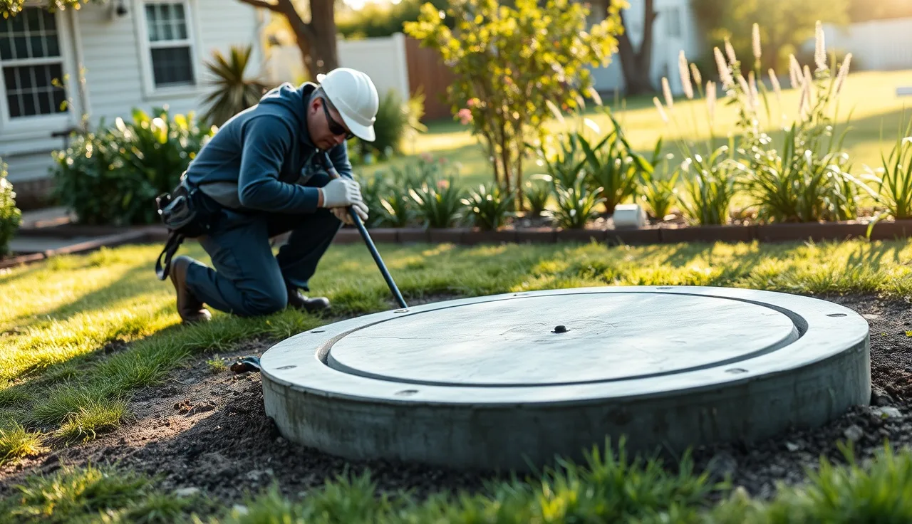 Septic technician inspecting open tank riser in a residential backyard