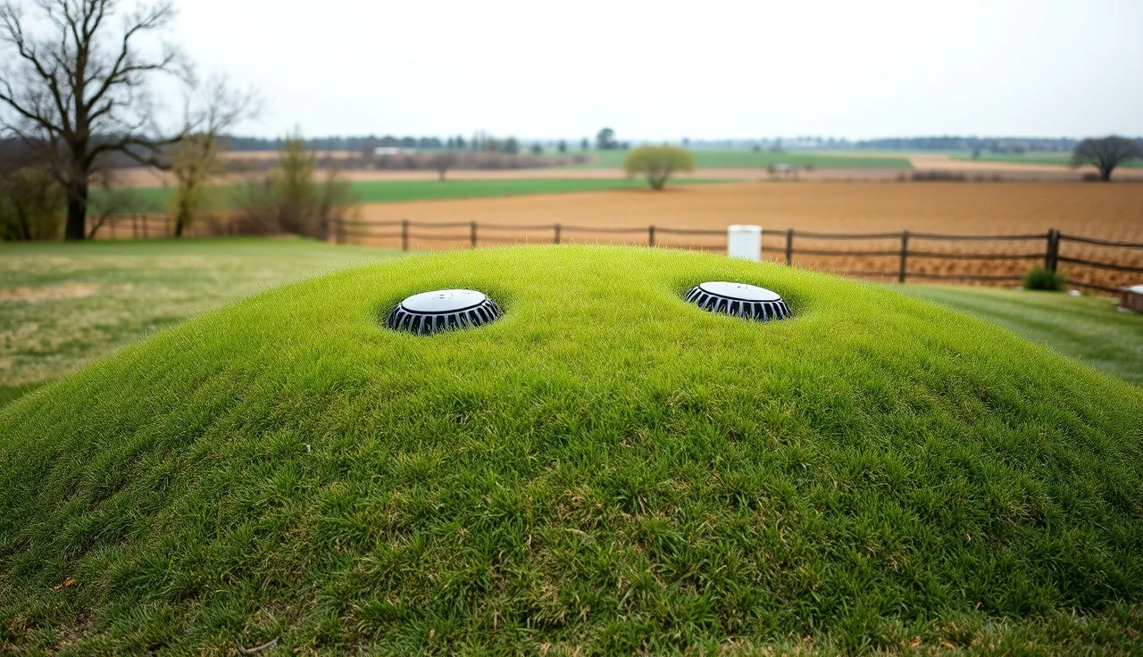 A grass-covered mound septic system in a rural backyard with inspection port caps visible