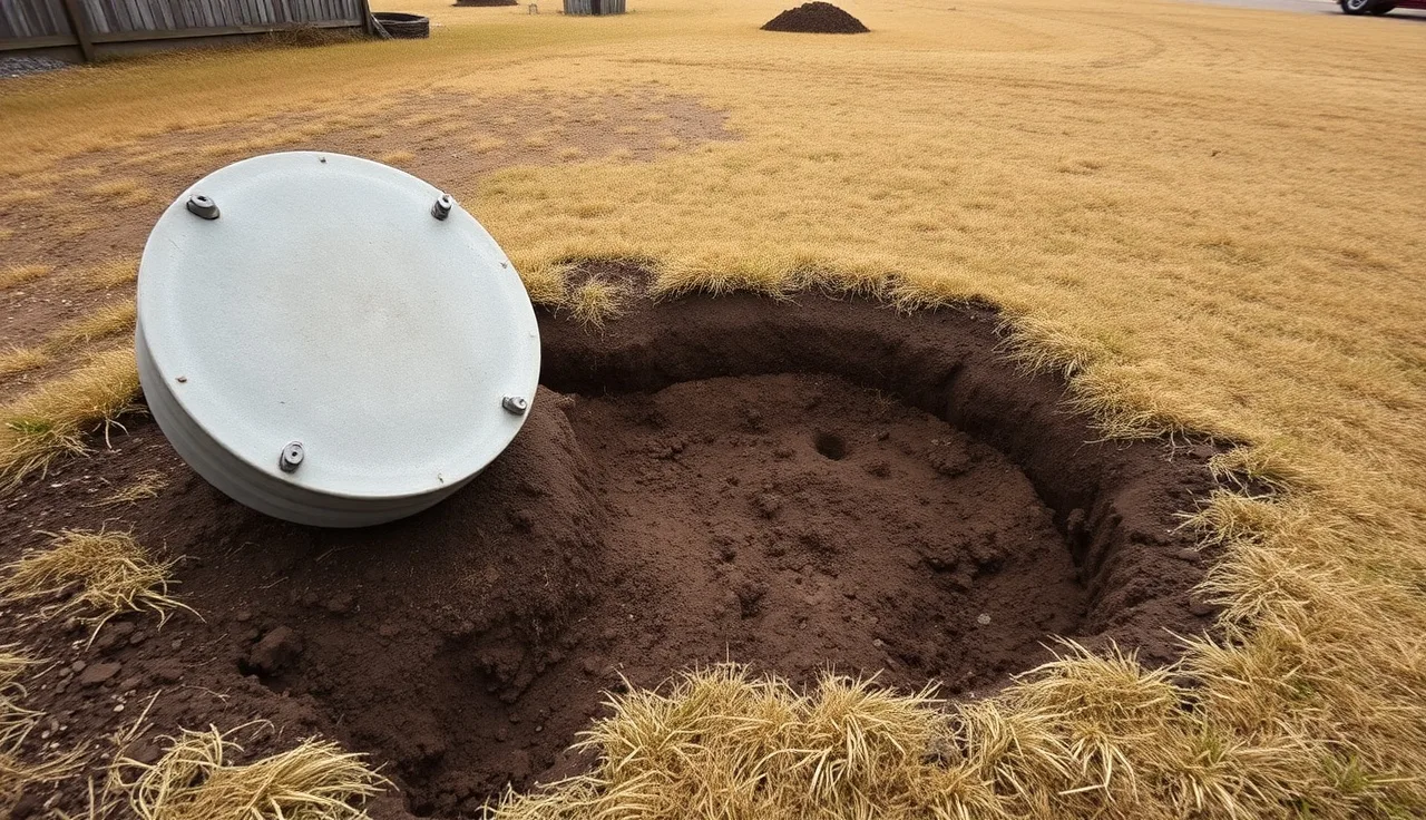 Exposed septic tank lid in a bare yard with no visible leach field