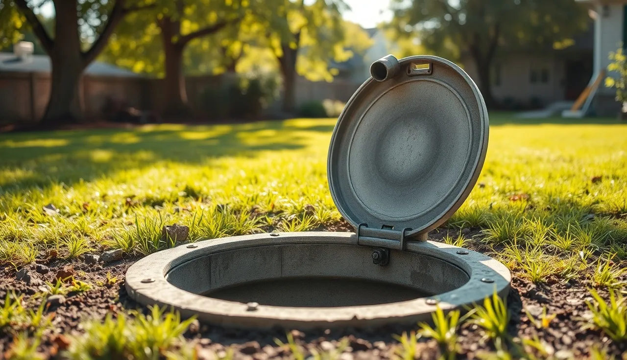 Technician measuring sludge levels in an open residential septic tank lid outdoors