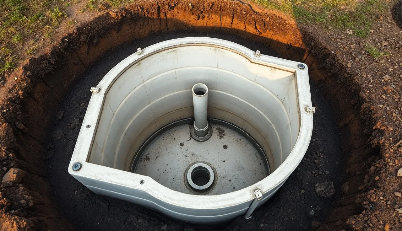 Open concrete septic tank showing interior baffles and outlet tee during excavation