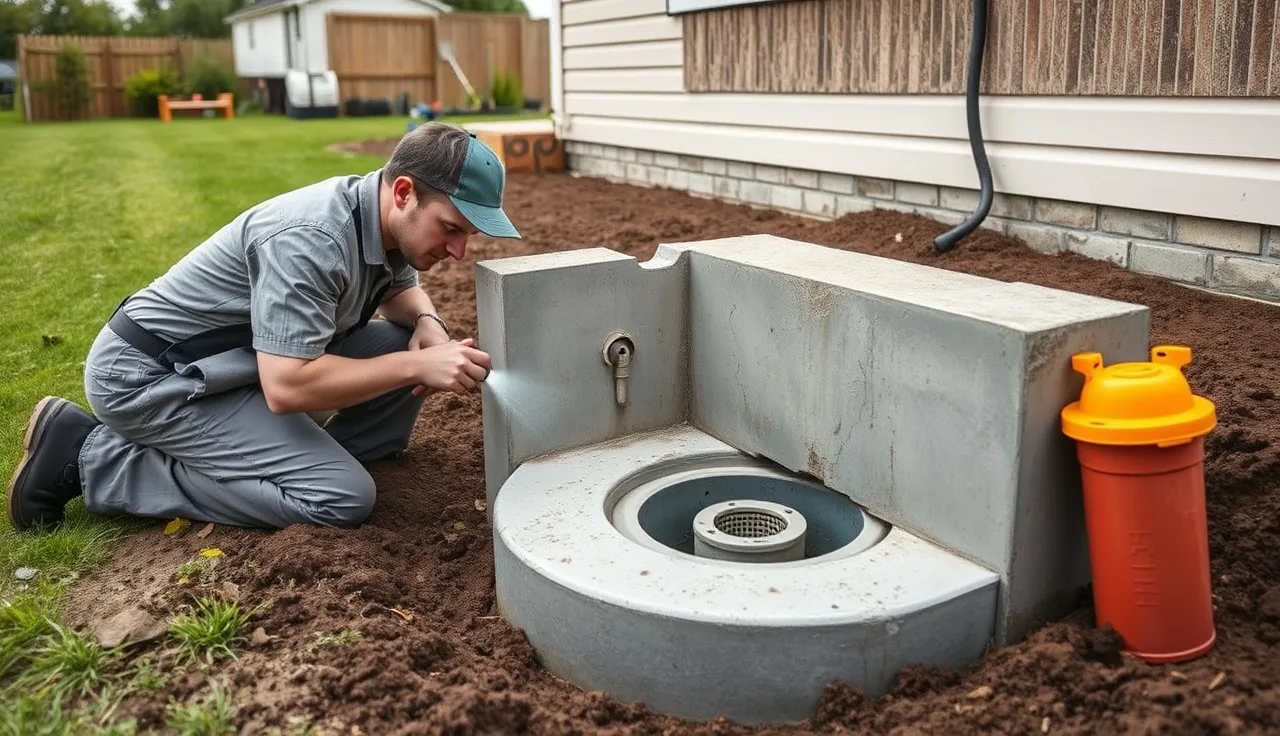Plumber inspecting the outlet baffle inside an open residential septic tank