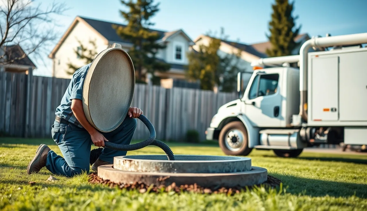 Septic technician pumping a residential concrete septic tank in a backyard
