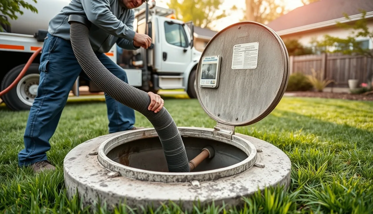 Septic technician pumping out a residential septic tank in a backyard
