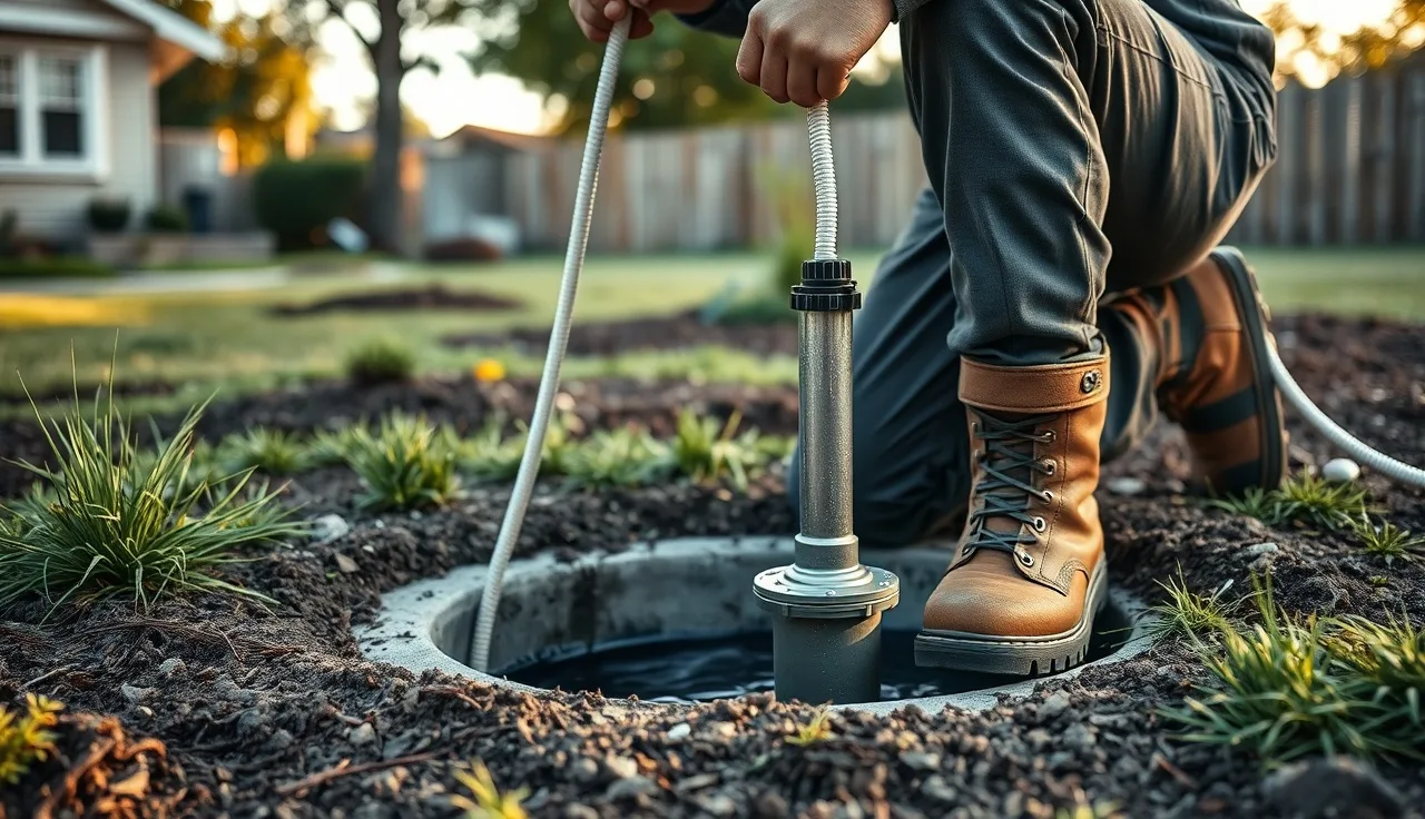 Septic technician lifting a submersible pump from an open pump chamber during replacement