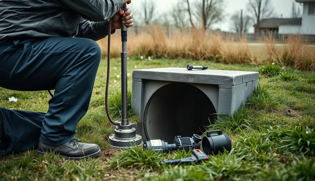 Technician removing a submersible effluent pump from a septic pump chamber in a backyard