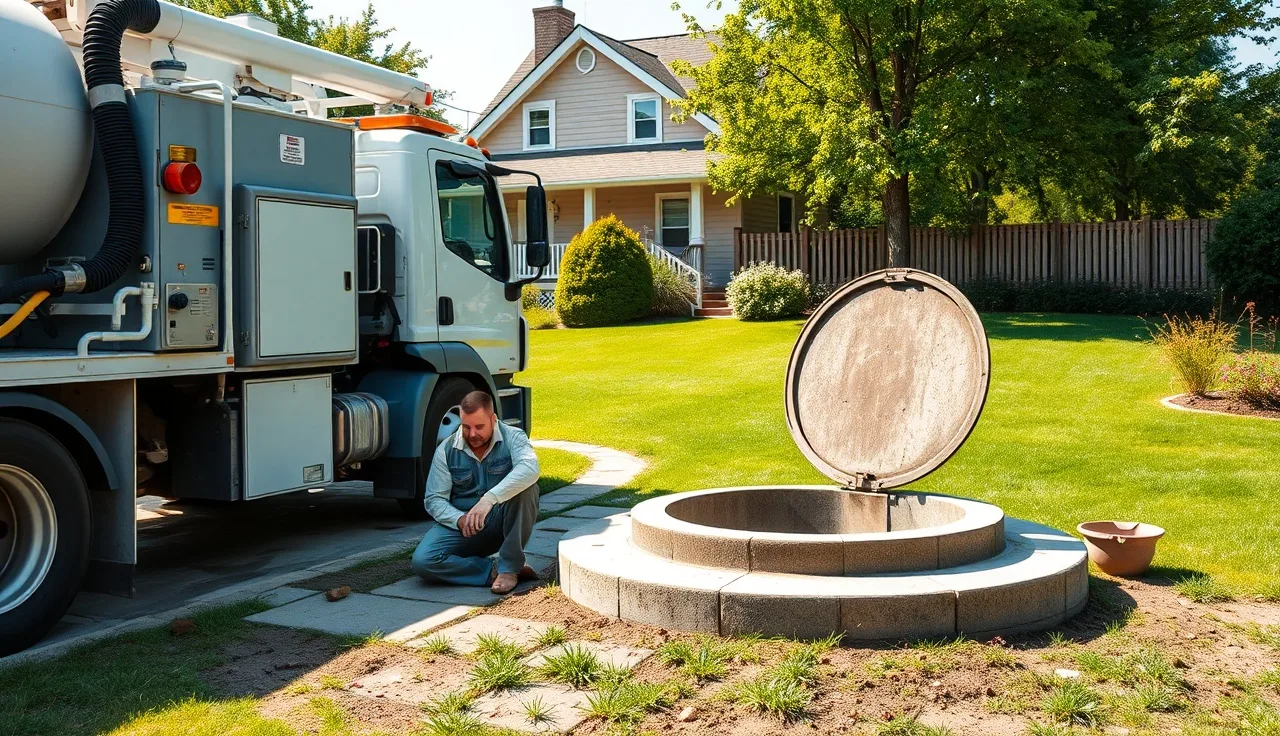 Septic pump truck and technician at open tank lid being pumped out