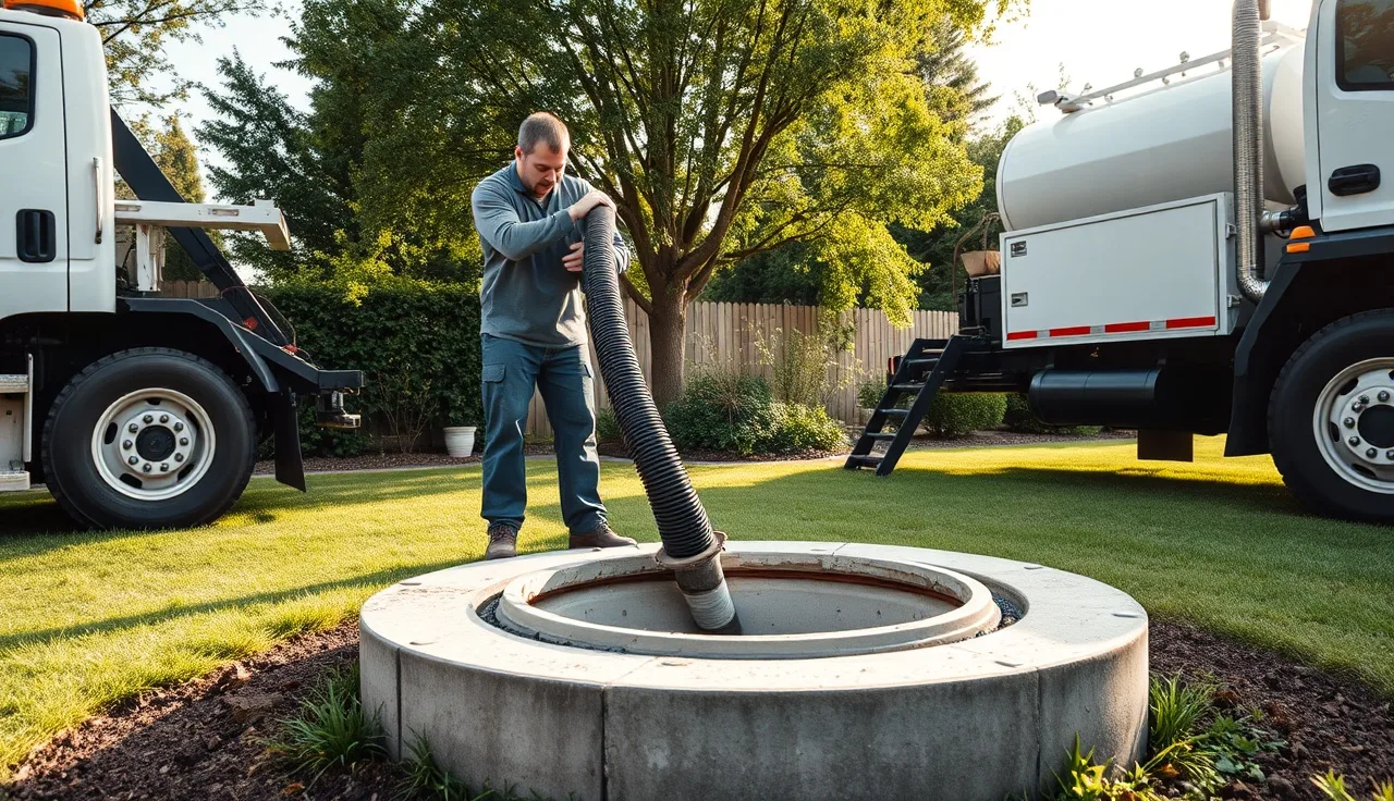 Technician pumping a residential septic tank in a suburban backyard