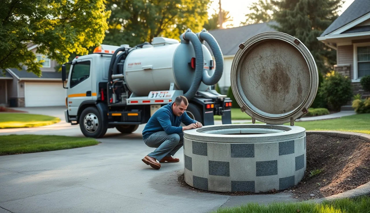Septic pump truck technician opening tank lid during residential pump-out service