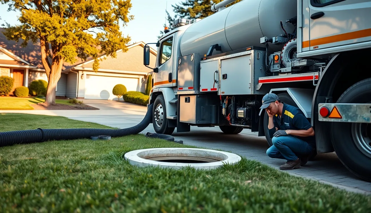 Septic pump truck operator kneeling beside open tank lid during a residential pump-out service