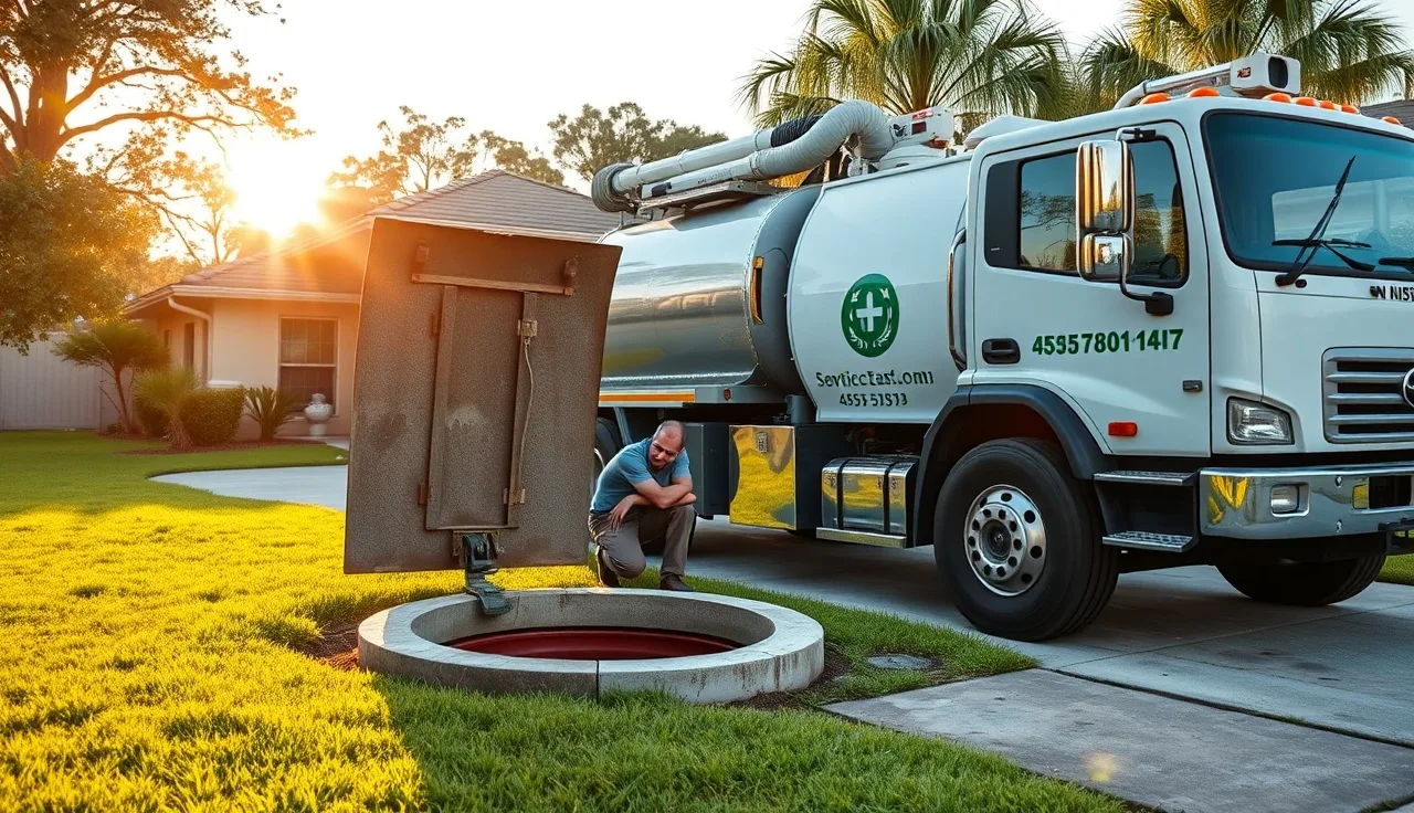 Septic pumping truck in Lakeland Florida yard with open tank access lid