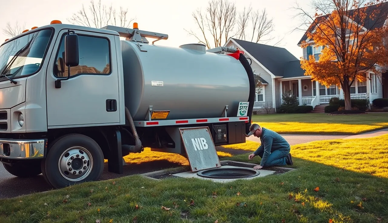Septic pump truck beside a residential lawn while technician opens a tank access lid