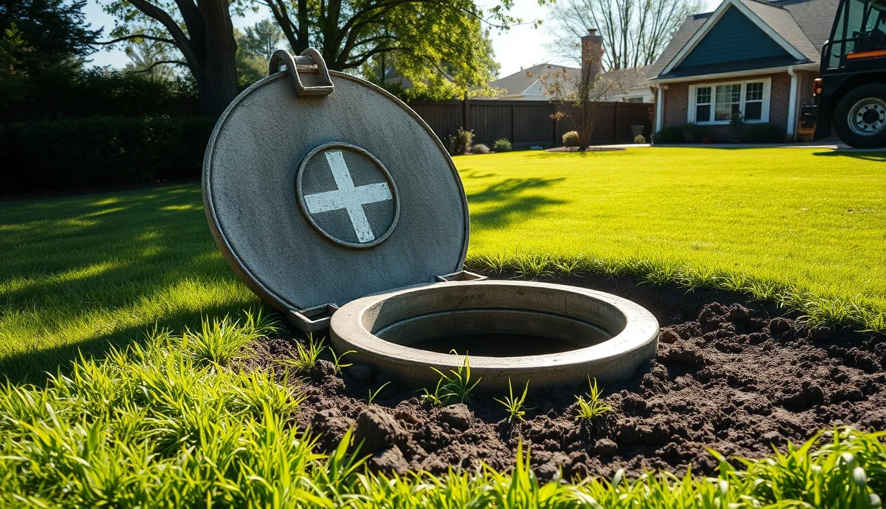 Open concrete septic tank access port with pump truck hose during repair service