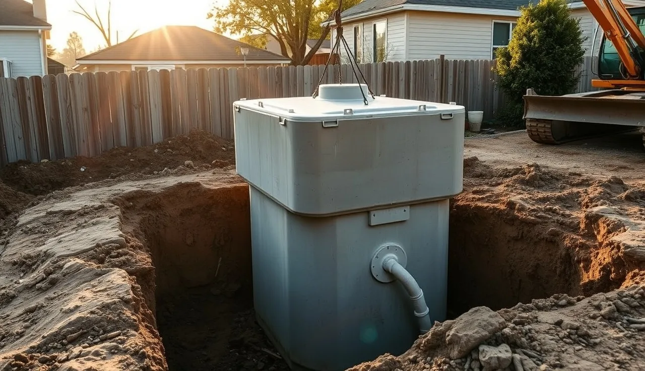 Concrete septic tank being lowered into an open excavation trench in a backyard