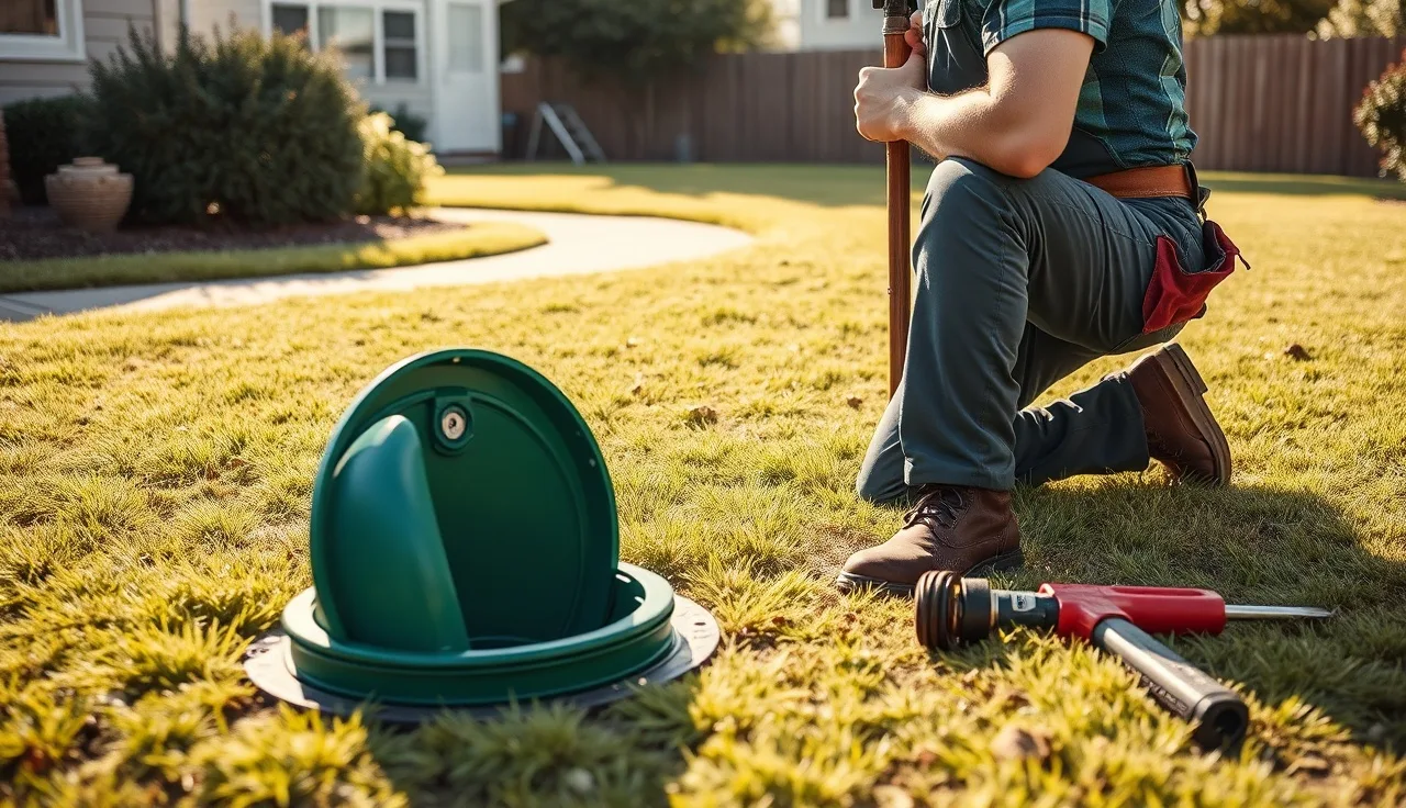 Plumber opening a green septic tank riser lid flush with a residential lawn