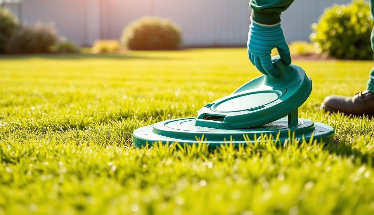 Gloved hand lifting a green septic tank riser lid flush with lawn surface