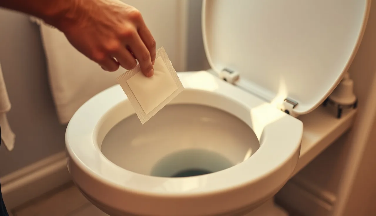 Homeowner dropping a septic tank shock treatment packet into a toilet bowl