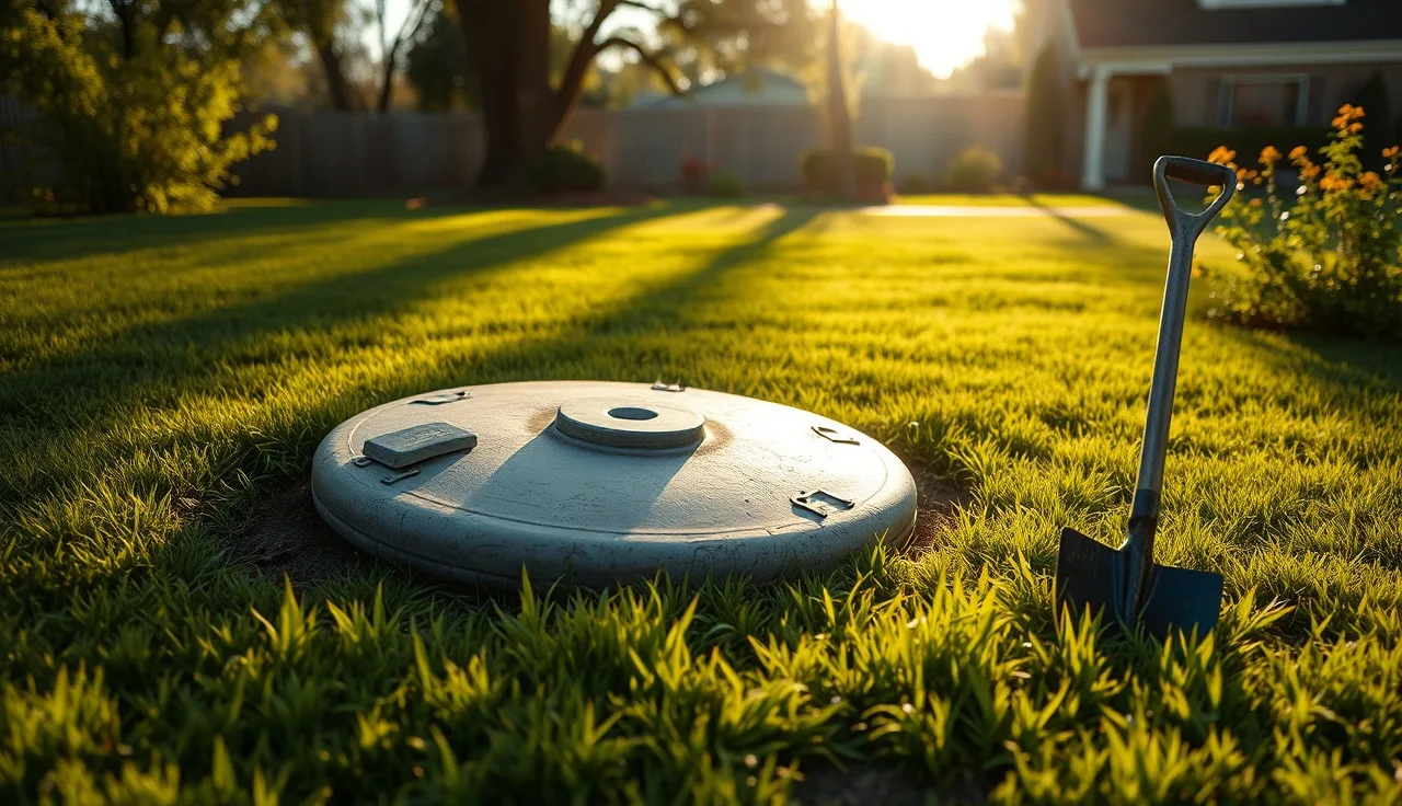 Exposed concrete septic tank lid in a residential backyard with morning light
