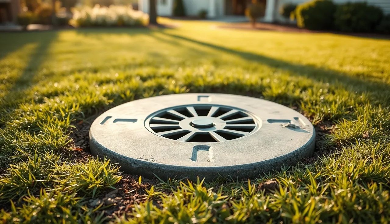 Concrete septic tank lid in a dewy backyard lawn at morning light