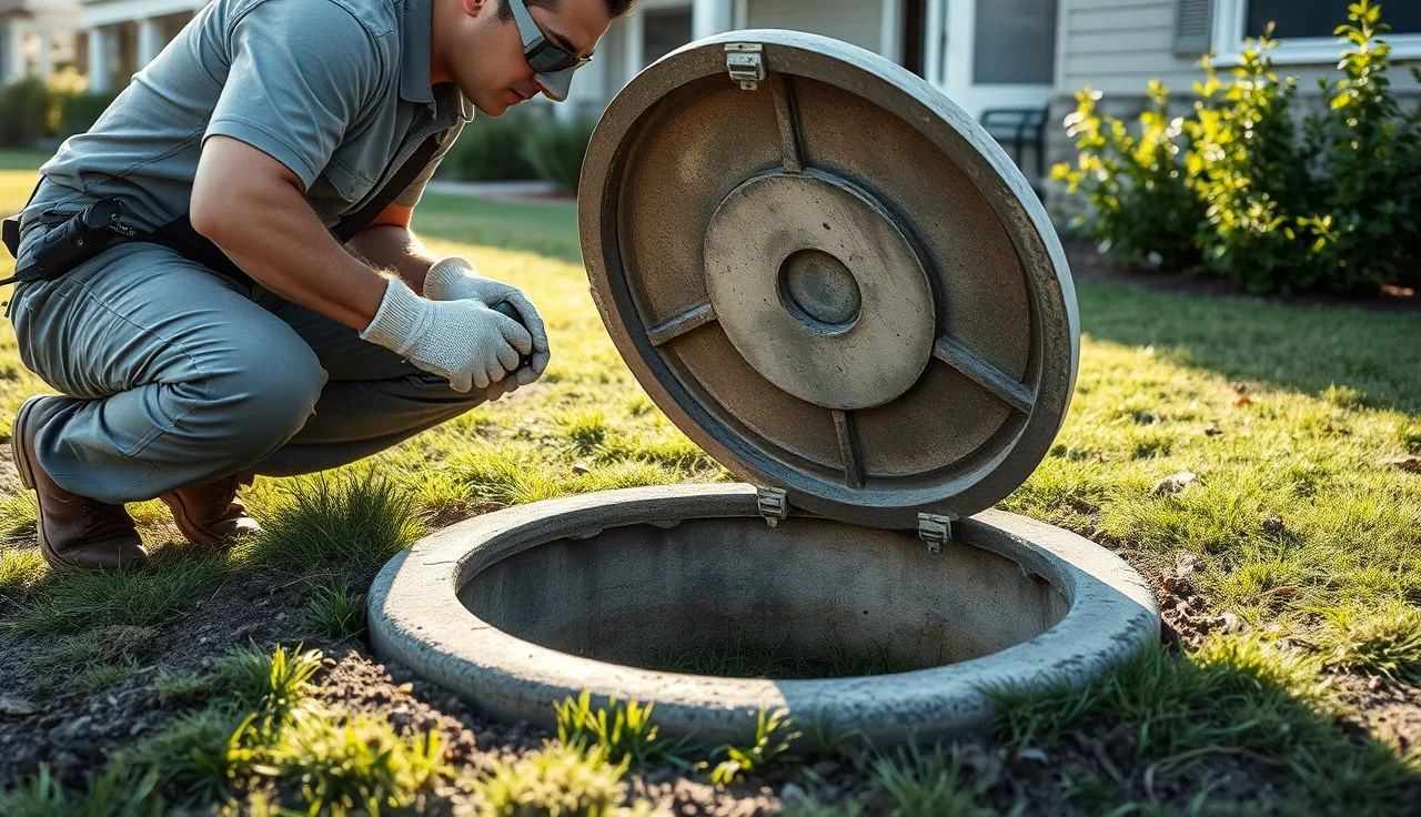 Technician inspecting open septic tank in a residential backyard during morning light