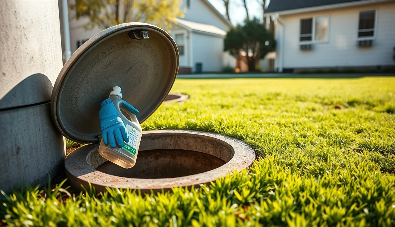 Homeowner adding septic tank treatment liquid at an open access port in a backyard