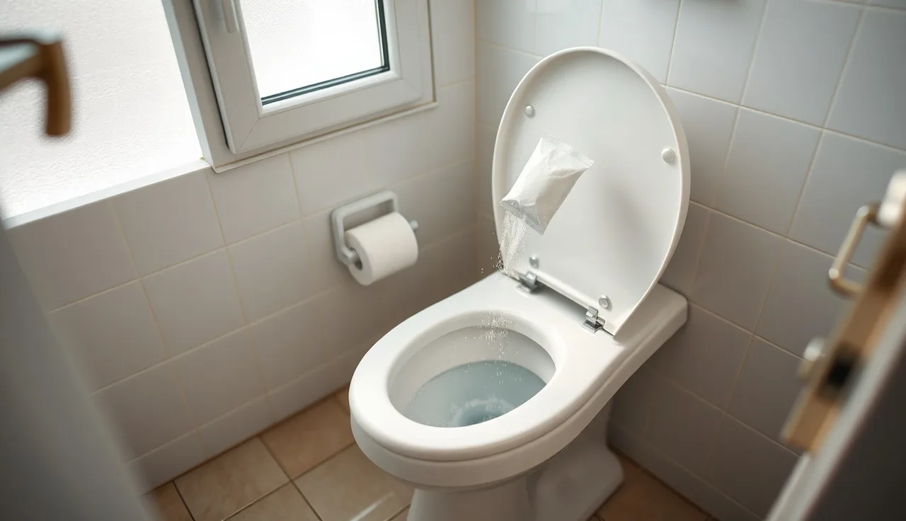 Septic tank treatment powder packet being dropped into a household toilet bowl