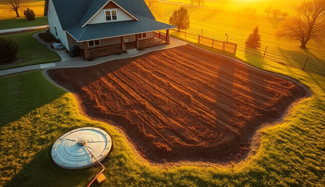 Aerial view of a rural home with a newly installed septic drain field in the backyard