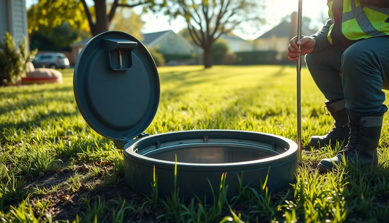 Technician measuring sludge depth inside an open residential septic tank in a backyard