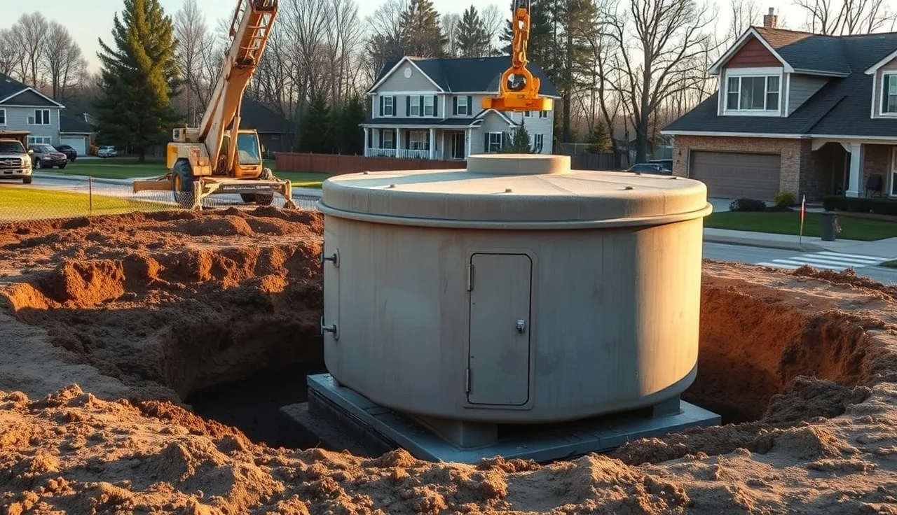 Precast concrete septic tank being lowered into excavation at residential property