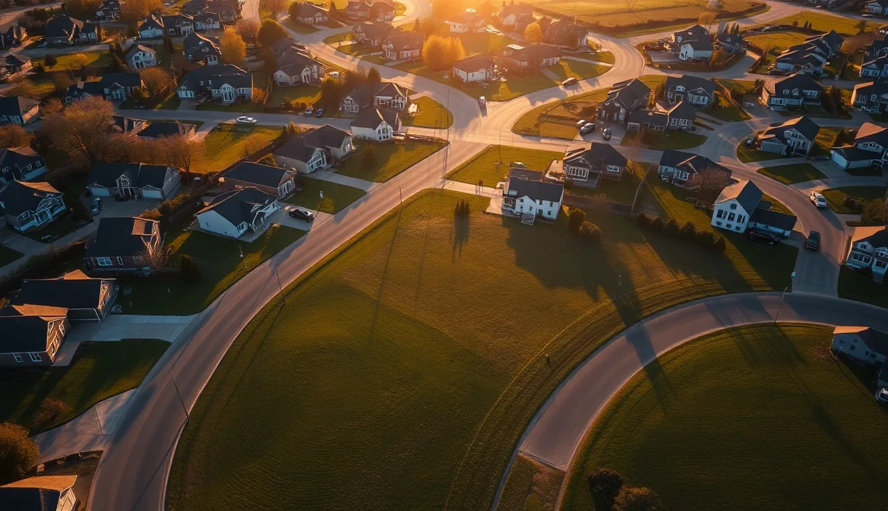 Aerial view of suburban homes on large lots comparing septic and sewer neighborhoods