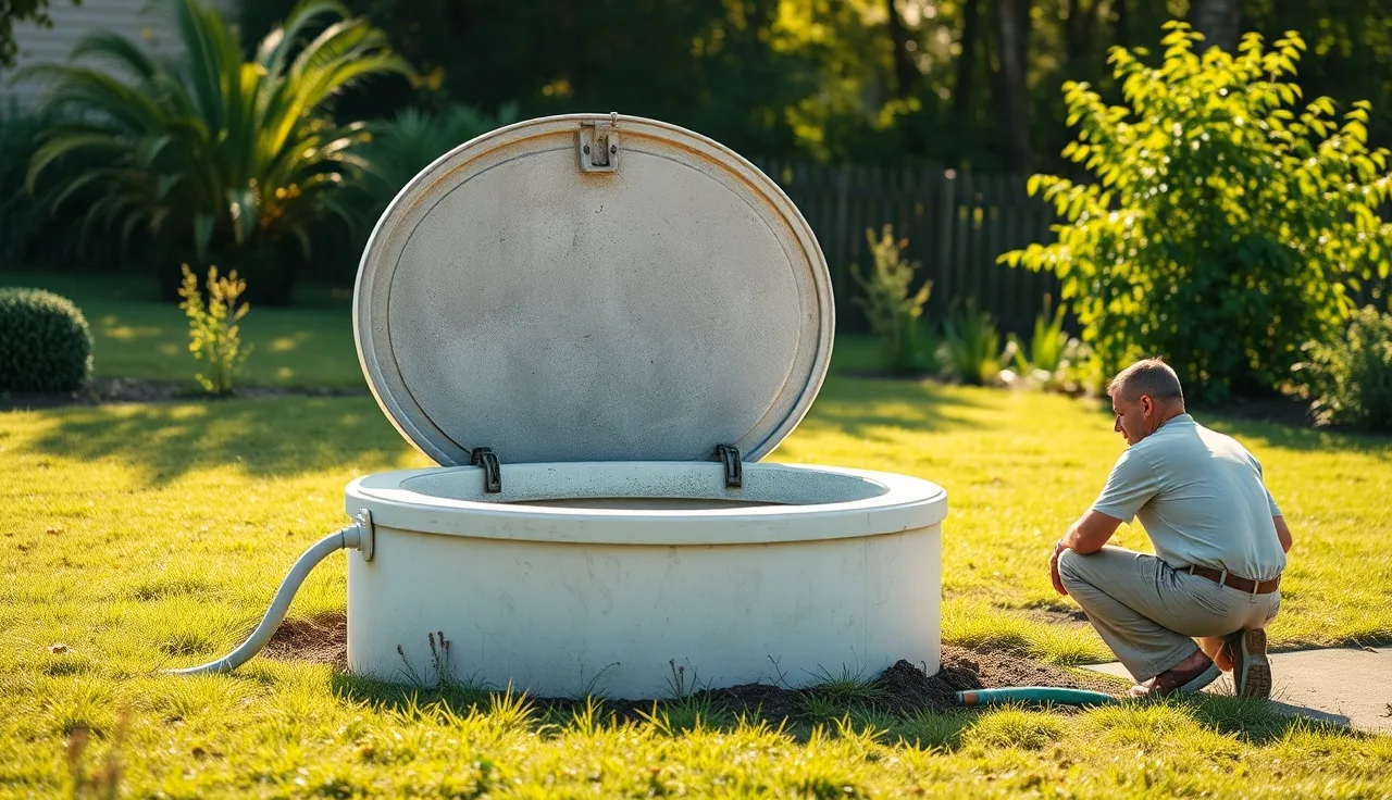 Homeowner inspecting open septic tank lid in a green backyard