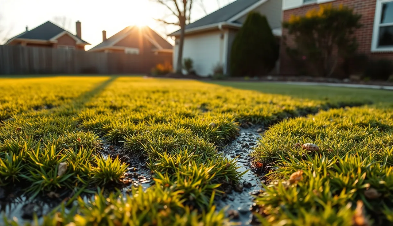 Soggy grass with standing water over a failing residential leach field