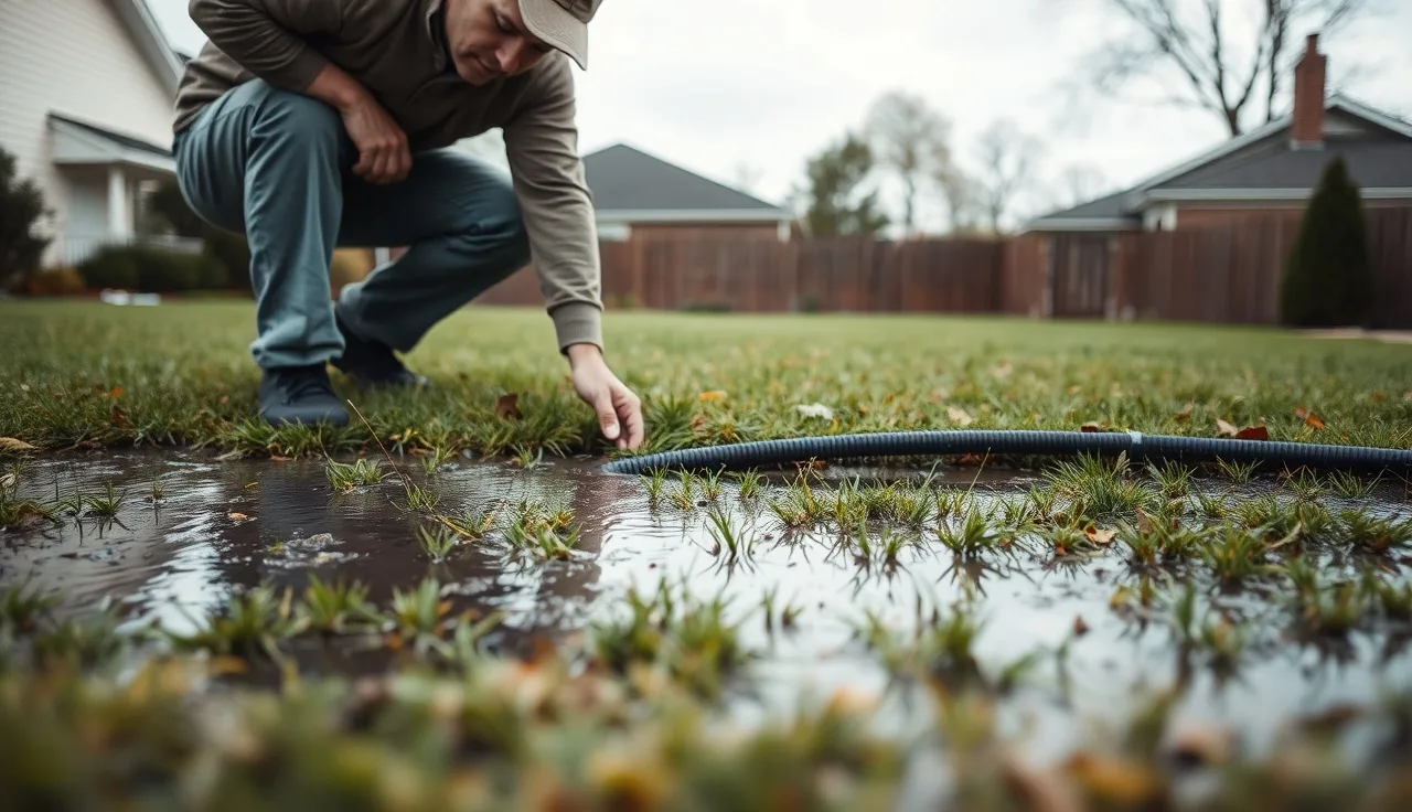 Homeowner checking soggy waterlogged grass above a failing drain field in backyard