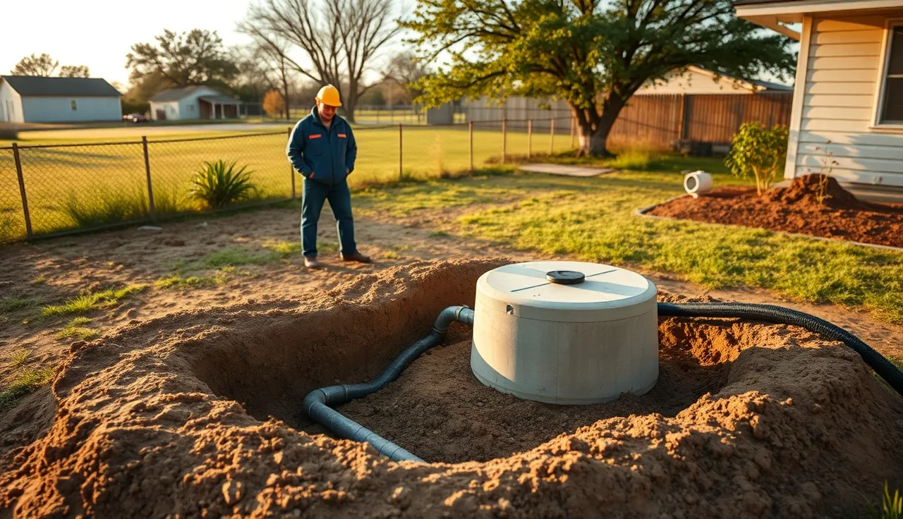 Freshly installed small septic system tank and drain field in a Texas backyard