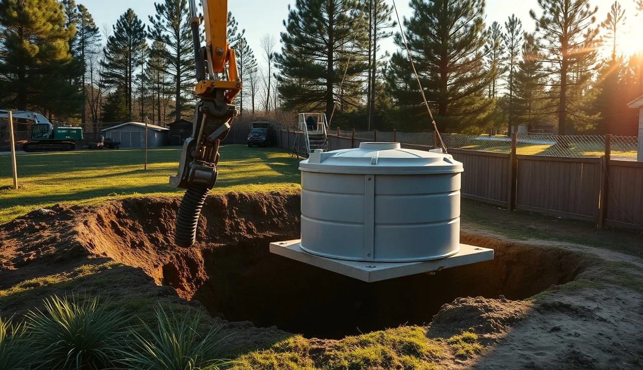 Small concrete septic tank being installed in a rural residential yard