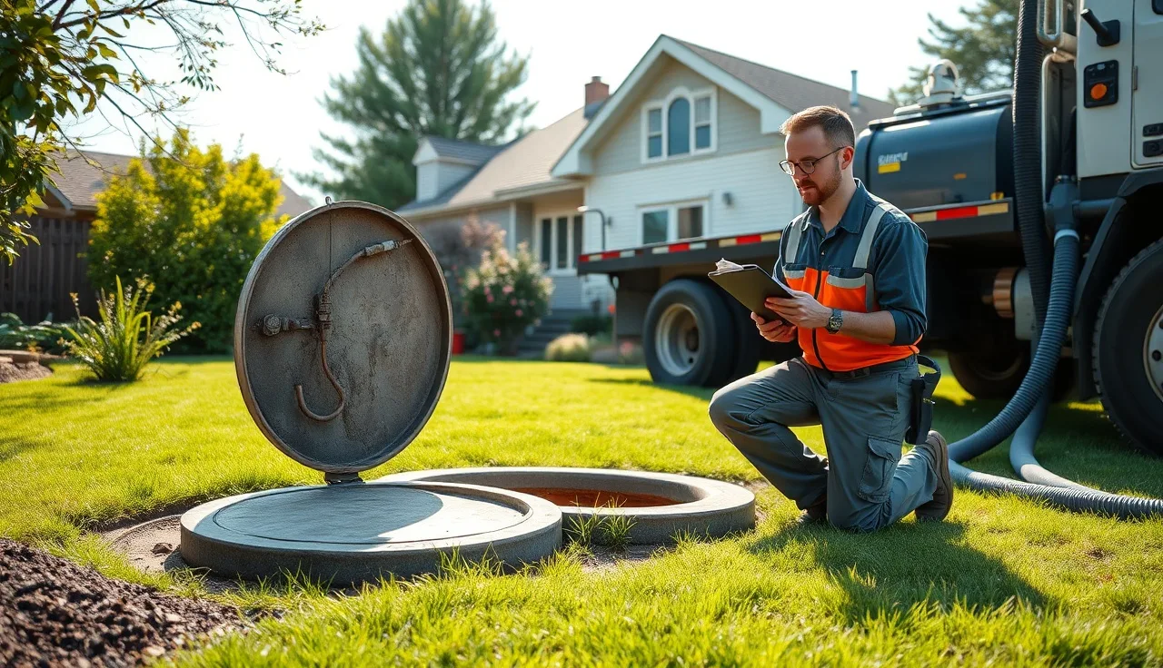 Septic inspector kneeling beside open tank lid during residential septic inspection