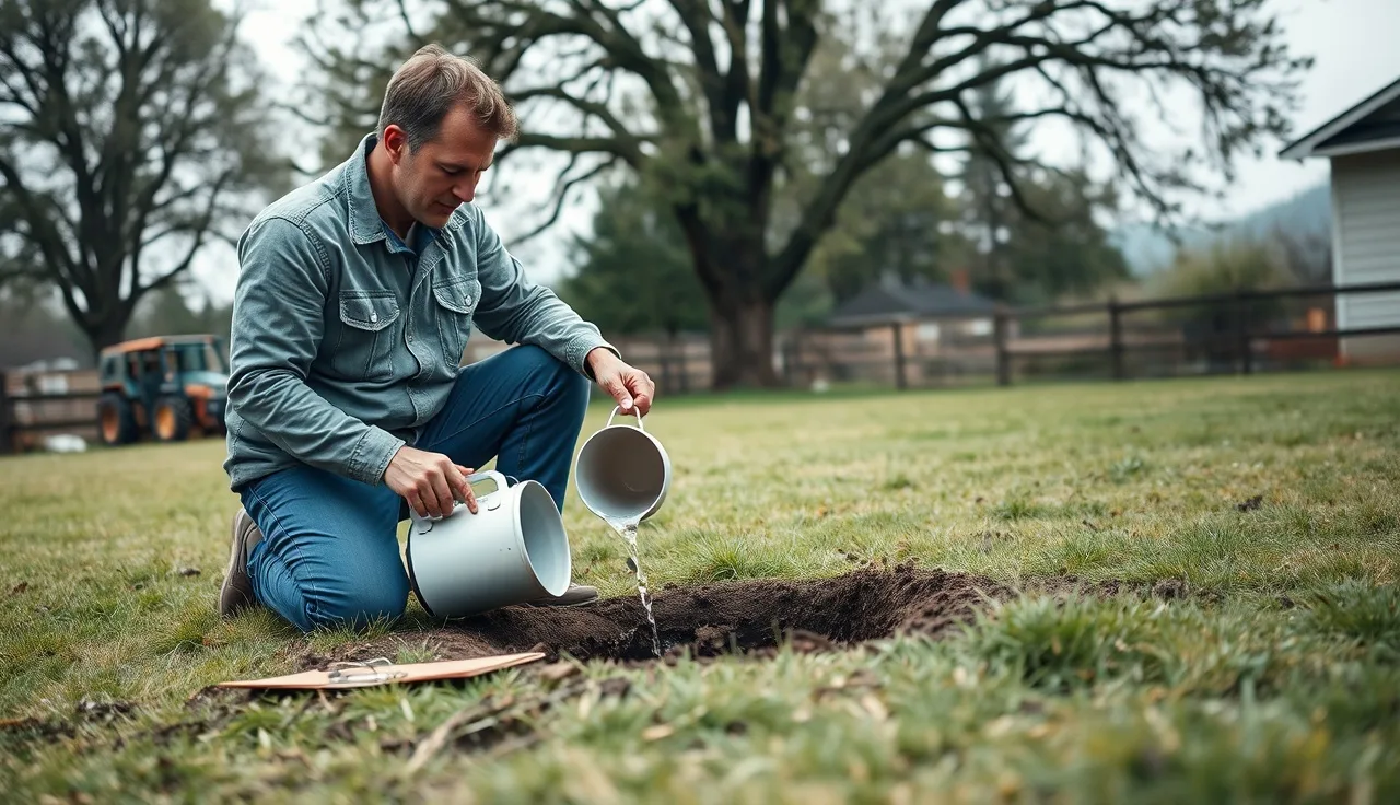 Soil scientist pouring water into a perc test hole in a rural yard