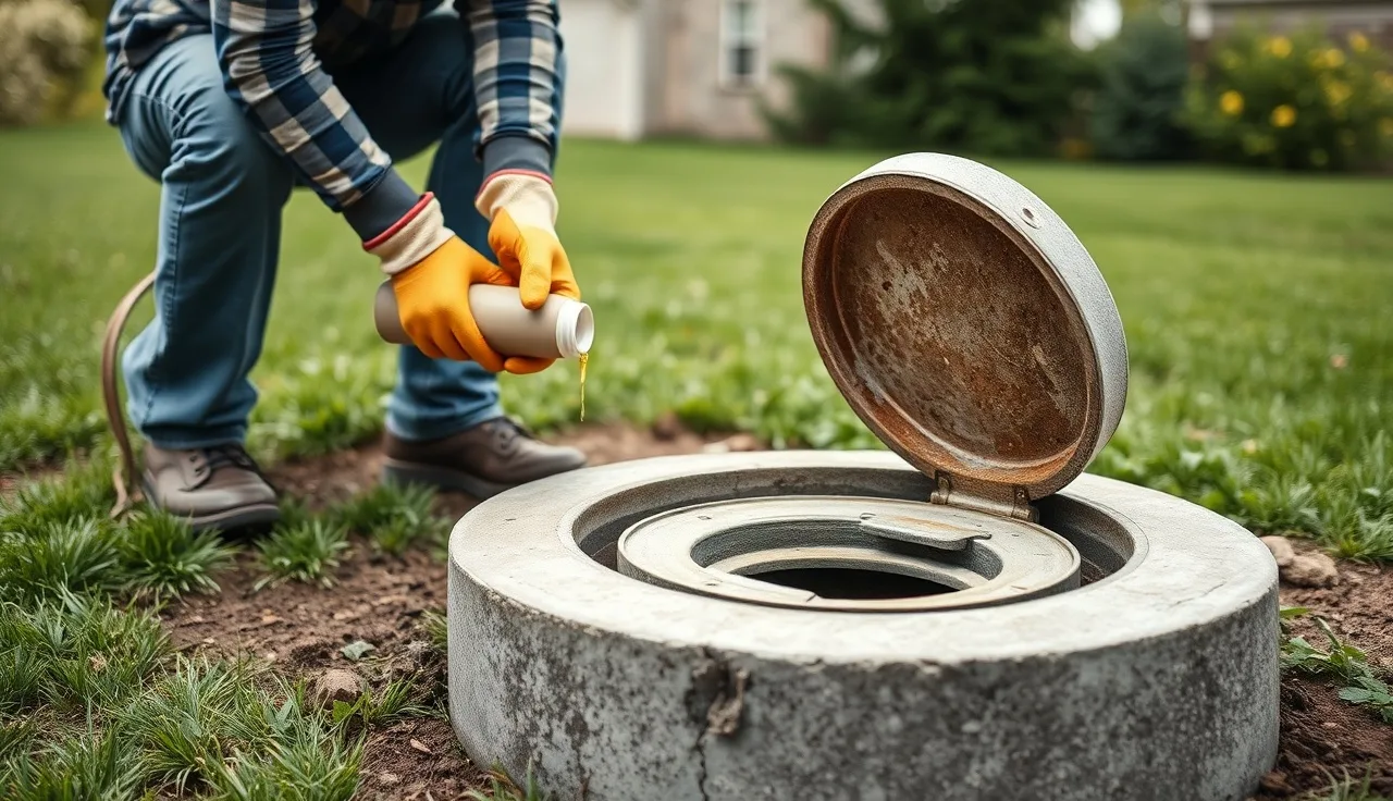 Homeowner adding bacterial septic tank treatment into an open access port