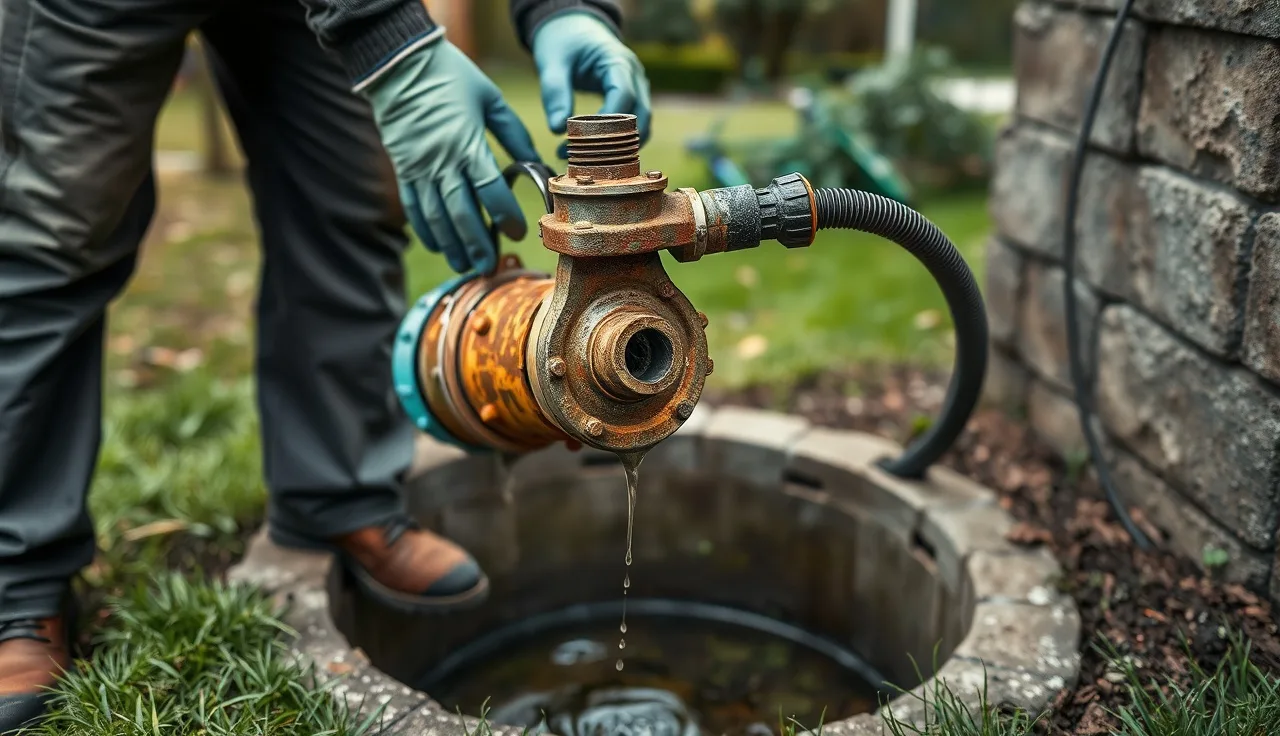 Technician removing a submersible pump from an open septic pump chamber outdoors