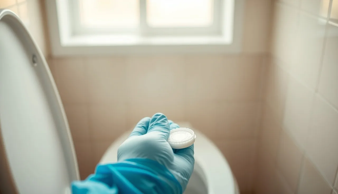 A gloved hand holding a septic treatment pod over a toilet bowl indoors