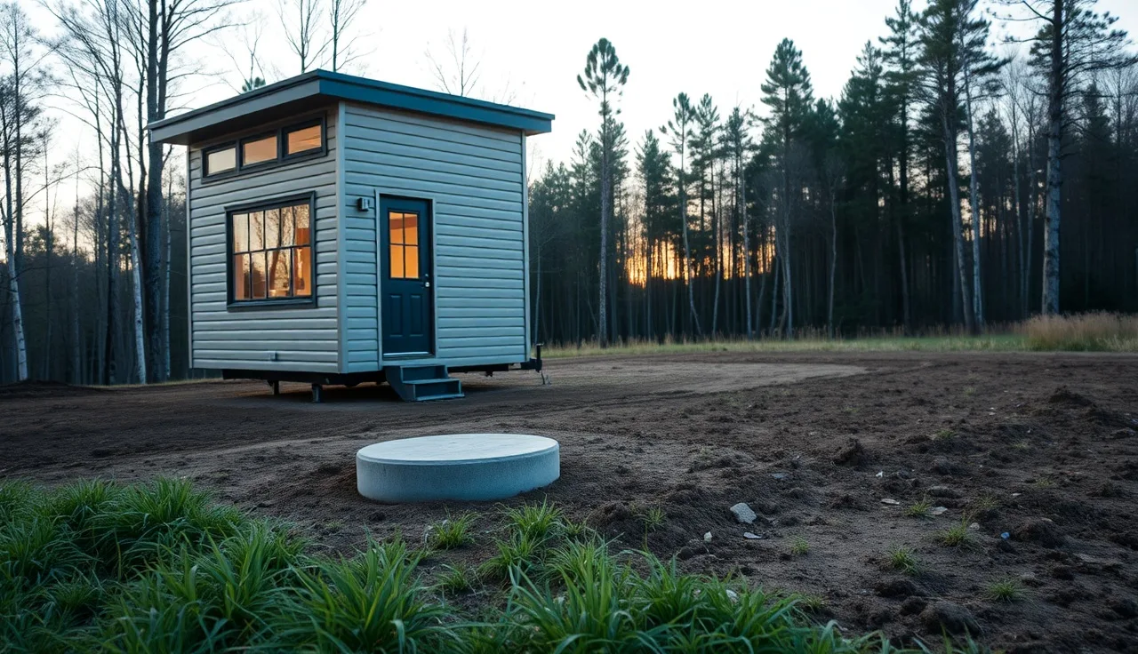 Tiny house on a rural lot with a concrete septic access riser visible in the yard
