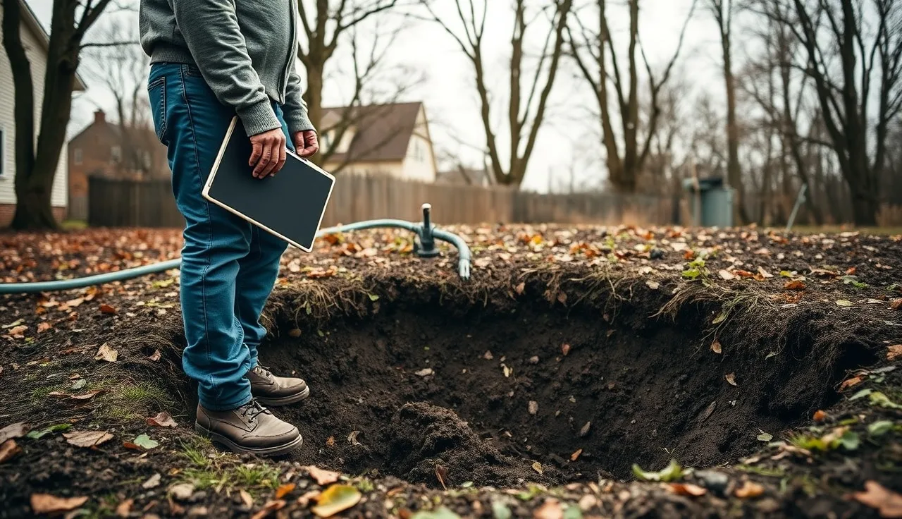 Septic inspector probing soil above a leach field during a Townsend septic inspection